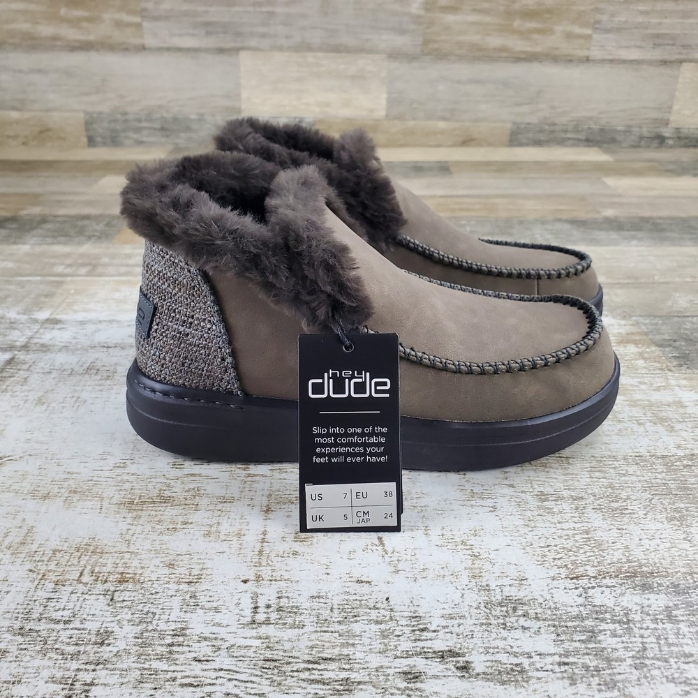 Hey Dude Denny Grip Womens Ankle Boots Sz 7 Coffee Faux Shearling Lined Slip On